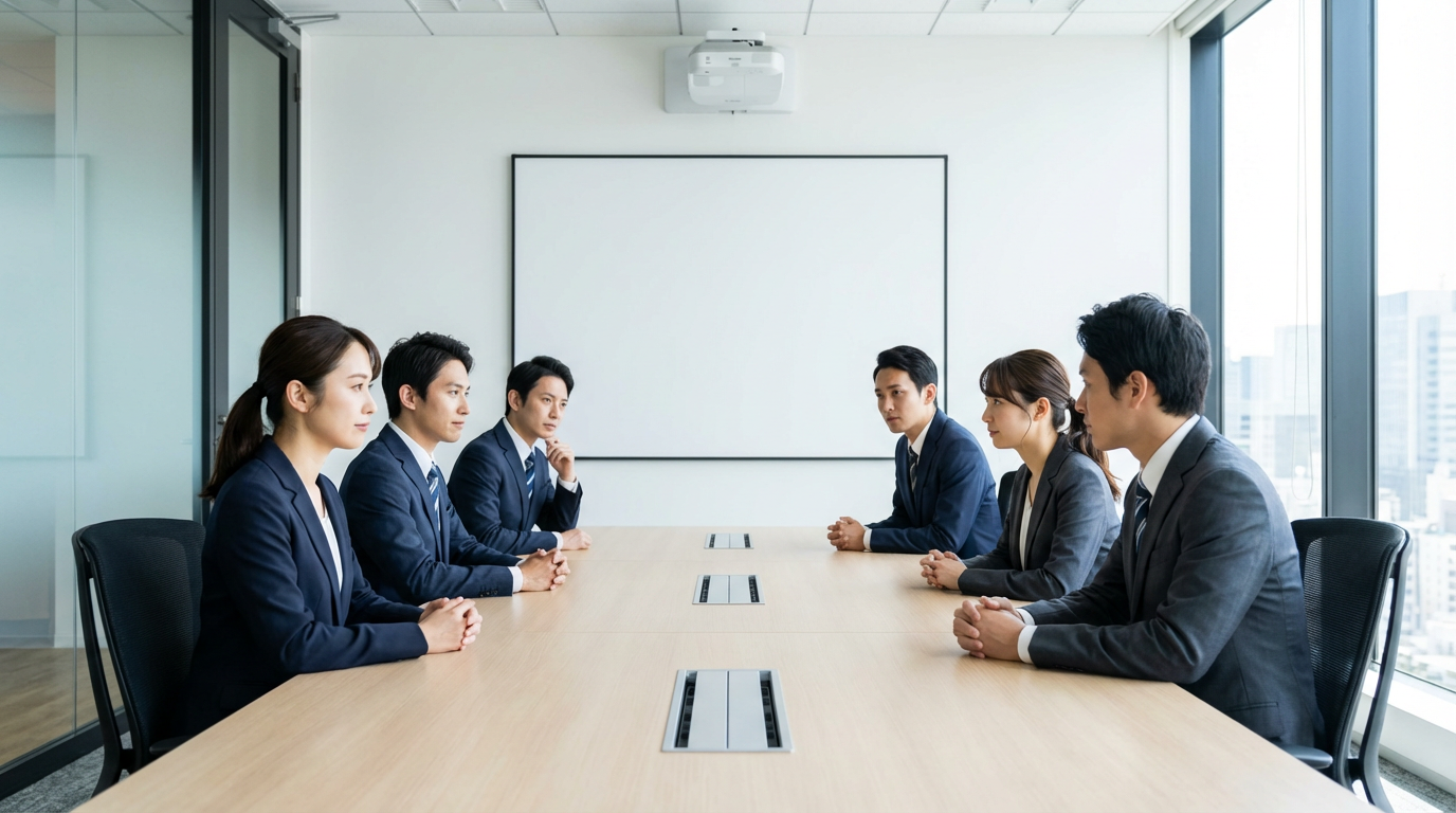 现代企业会议室中，专业团队正进行商务洽谈与方案研讨（宽画幅示意）